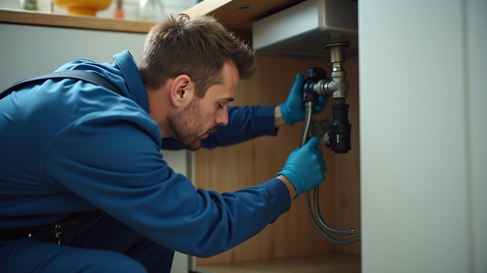 Eye-level view of a plumber inspecting pipes under a kitchen sink