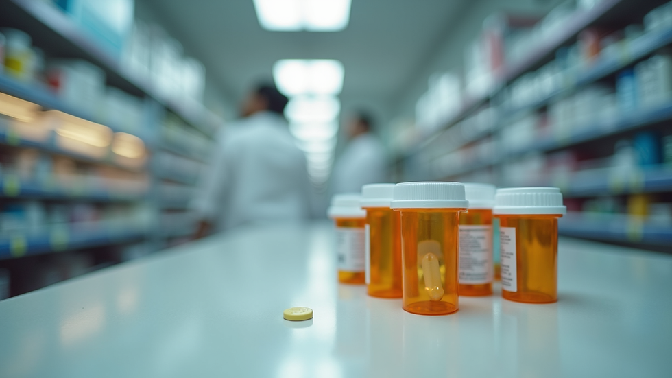 Close-up view of prescription medication bottles on a pharmacy counter