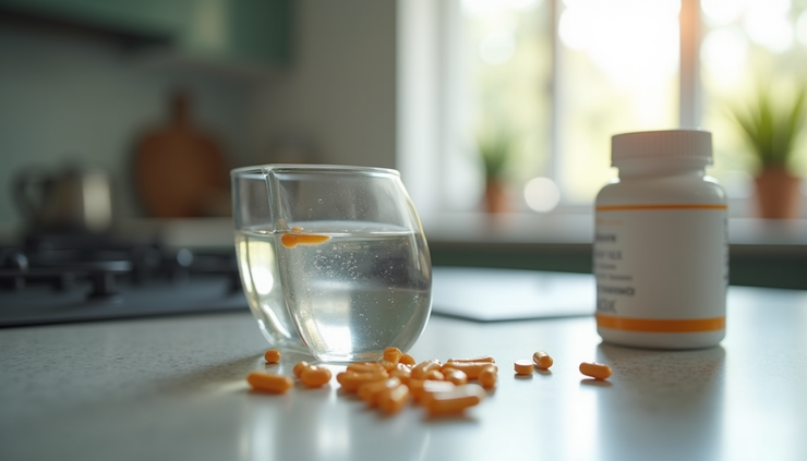Eye-level view of a glass of water and a small pill bottle on a kitchen counter
