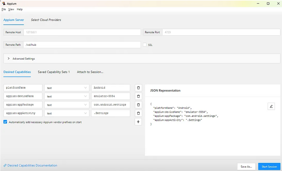 After clicking on “Start Session", you will see a screen showing the device’s screen and a tree of elements. The Appium Inspector will display the element’s properties, including its ID, text, class, and more attributes.