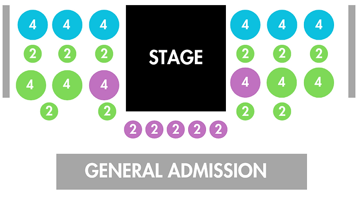 A layout of the stage seating for the cabaret and performance conference. Please call the box office for assistance if needed.
