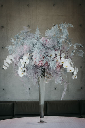 Tall Fine art floral, pink hydrangea, phalaenopsis orchid, white plumosa fern at The Clark Art Institute