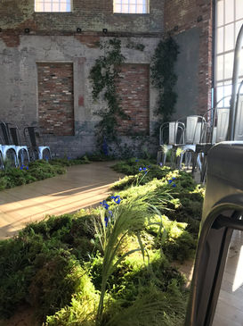 Mass MoCA wedding, LGBTQ+ wedding flowers, green garden path wedding flowers