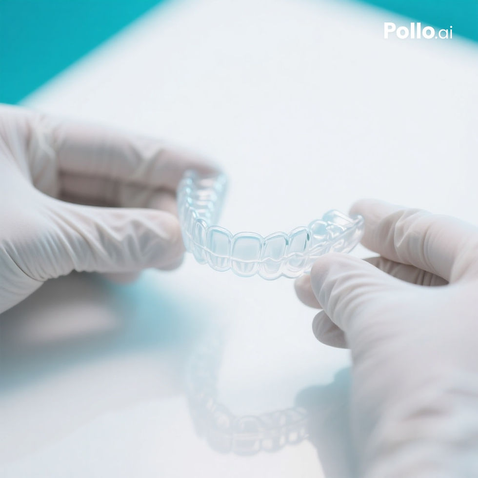 Alinhador invisível sendo encaixado nos dentes durante tratamento ortodôntico.