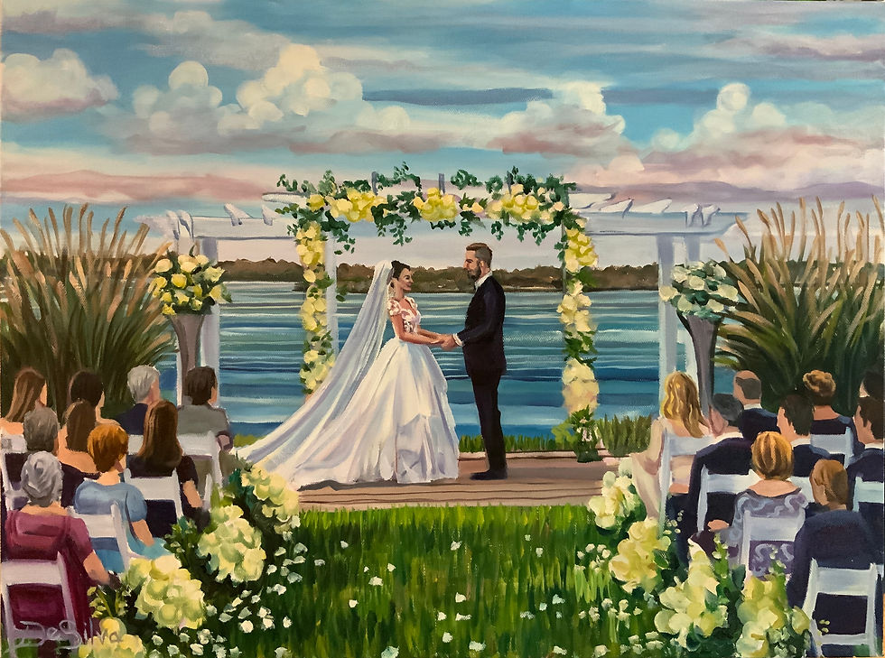 Eye-level view of artist painting a wedding scene live at a reception
