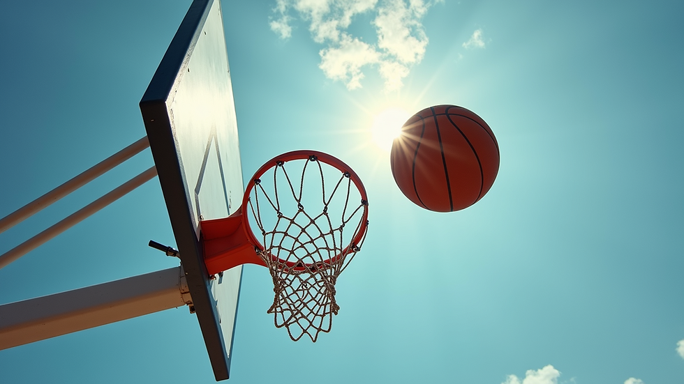 Eye-level view of basketball hoop with a ball approaching the rim