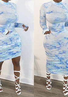 Sky Blue and white Long sleeve pleeted dress