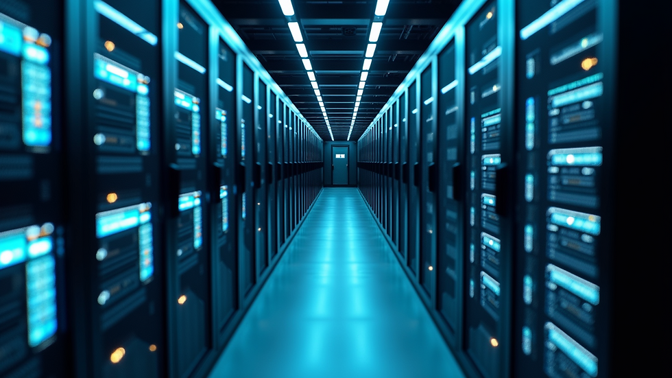High-angle view of a cybersecurity data center showing advanced technology