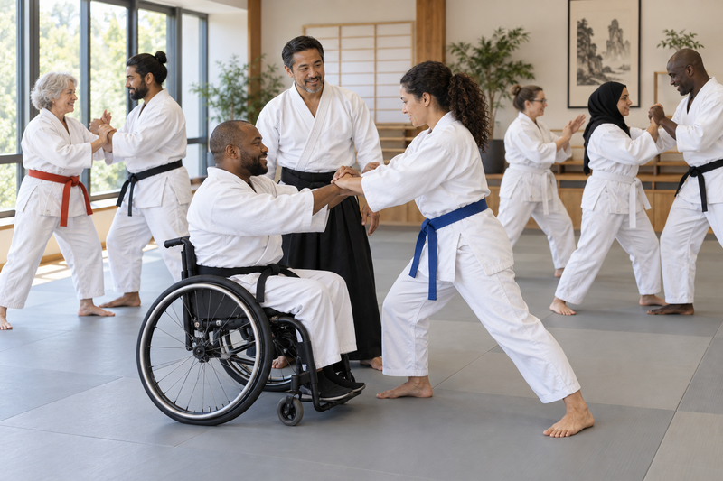Inclusive martial arts class with diverse learners