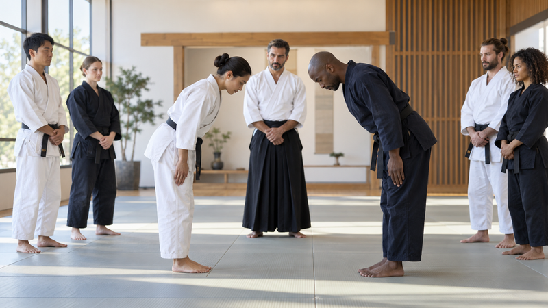 Martial artists bowing respectfully in a diverse dojo group