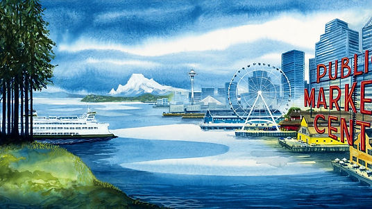 Seattle Illustration by Derek Gundy - watercolor and gouache - Black Barn Fine Art Studio