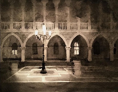Doges Palace at Night, Venice, Watercolor by Derek Gundy Black Barn Fine Art Studio