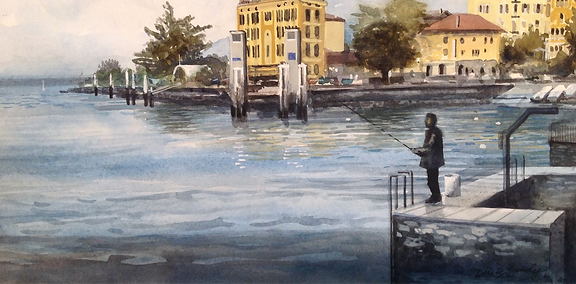 Varenna Fisherman Lake Como Watercolor by Derek Gundy - Black Barn Fine Art Studio