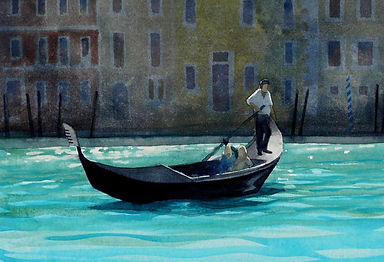 Venice Gondolier, Italy, watercolor by Derek Gundy Black Barn Fine Art Studio