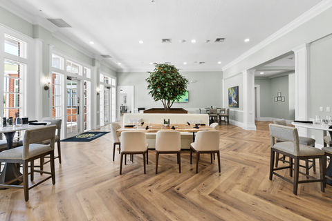 Elegant lounge with chevron wood floor and central tree