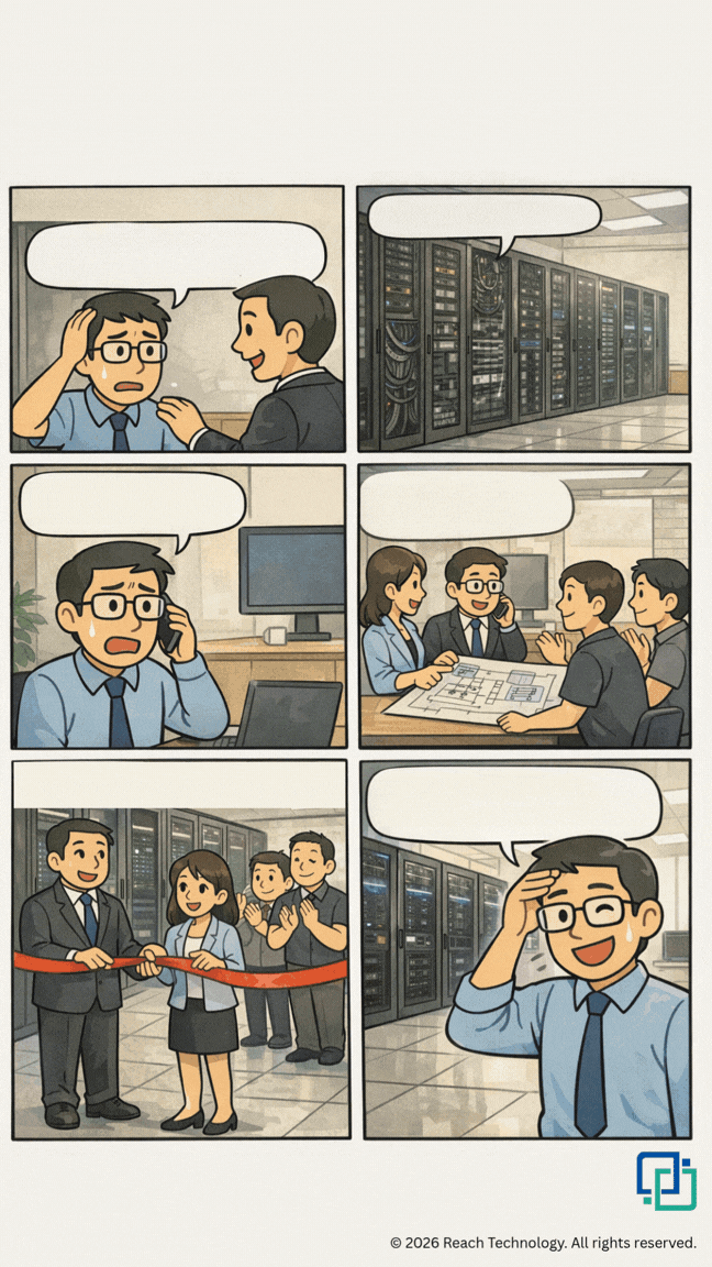 "Reach Technology All-in-One Rack promotion on smartphone: Buy AIO server cabinet and get a free Nintendo Switch 2. Includes server rack image and Switch 2 console."