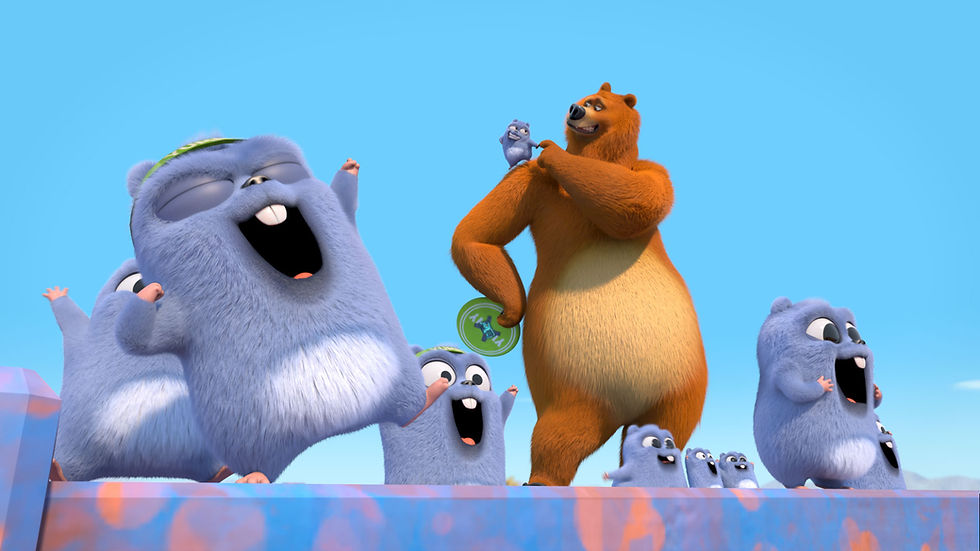 Animated bear holding a frisbee stands with excited blue creatures on a rooftop. Bright blue sky and joyful atmosphere.