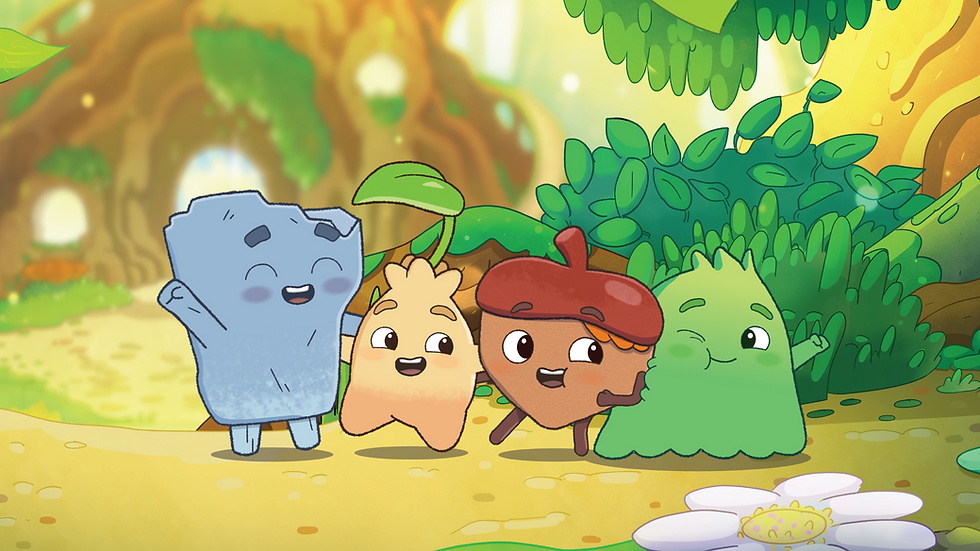 Four smiling cartoon forest creatures stand together in a sunny leafy woodland.