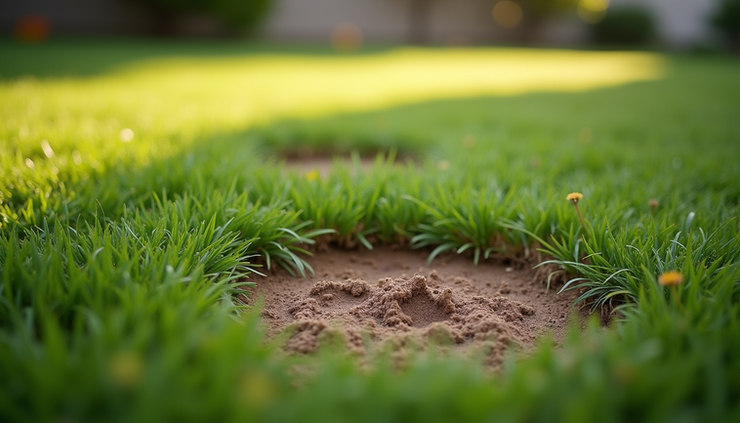 Close-up view of a patchy lawn with brown spots caused by dog waste