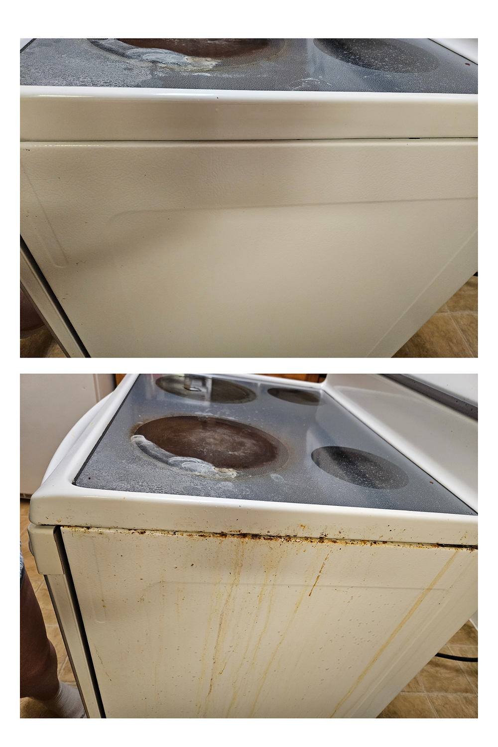 Dirty stove before and after cleaning by sparkly housekeepers llc