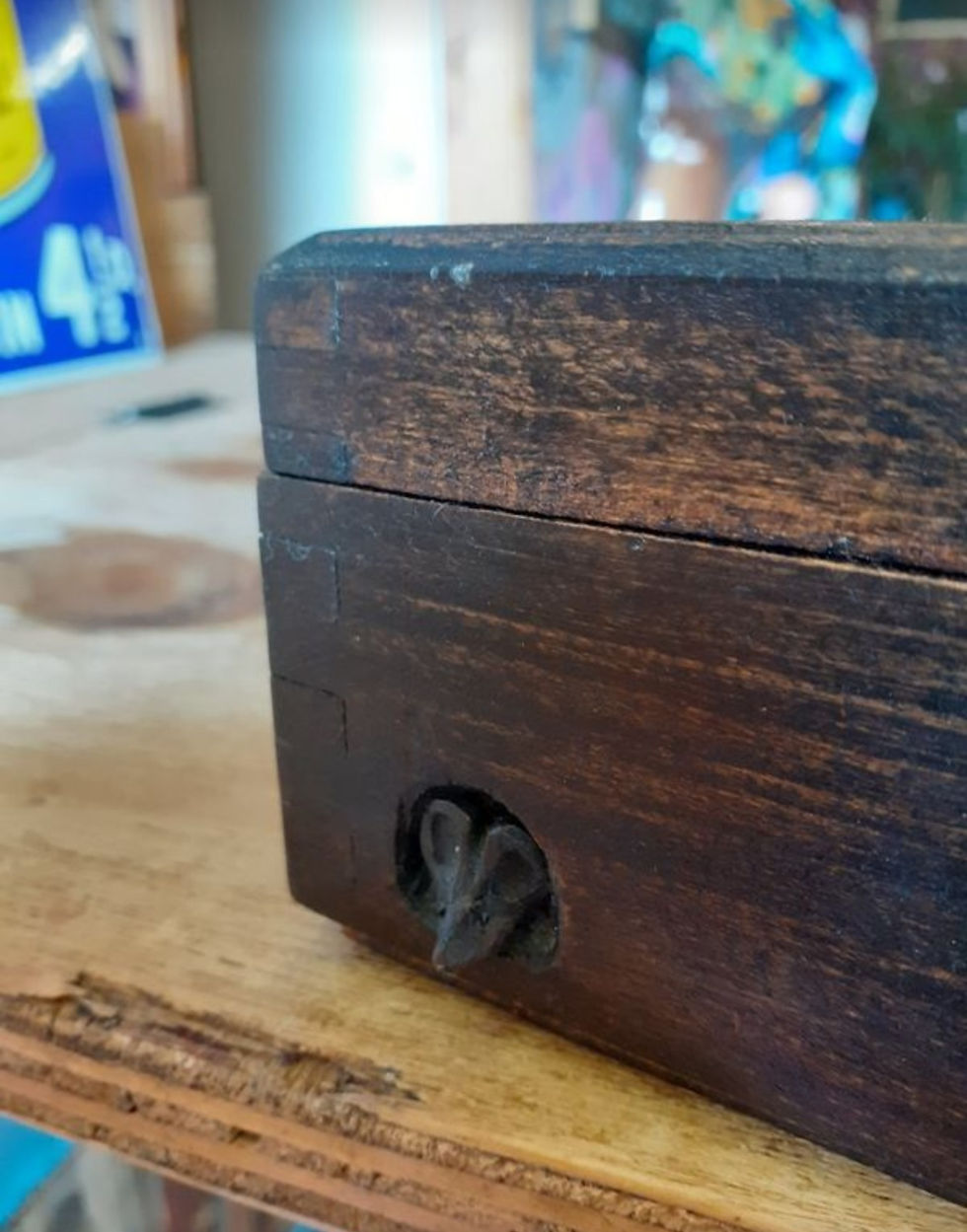 Thumbnail: Wooden storage box. Carved mouse to hinged lid and 1 peeking out the front. 