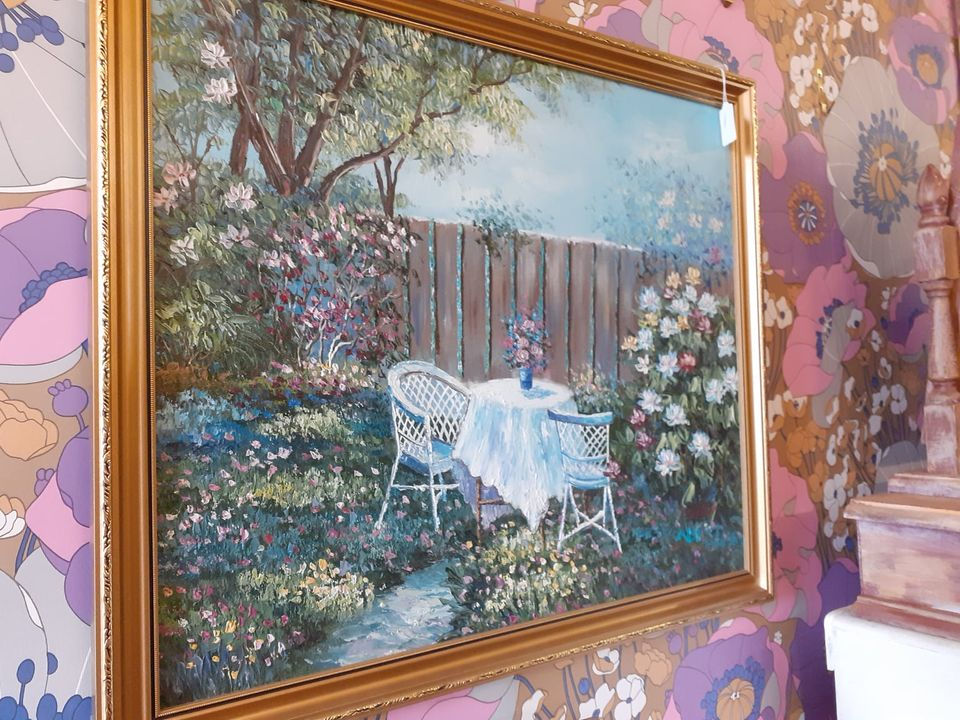 Thumbnail: Vintage Acrylic painting, vibrant colour to this lovely garden scene. Framed