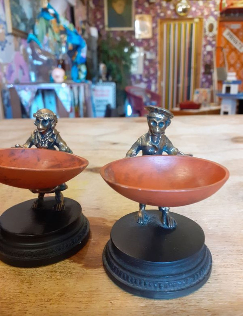 Thumbnail: 4 Rare unusual table salt brass monkeys - Tom O'Shanter males, Gypsy females.
