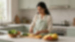 Woman chopping vegetables and fruit in a kitchen