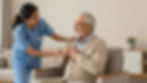 Nurse comforts smiling elderly man in armchair