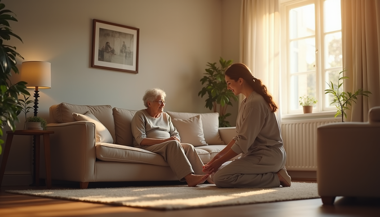 Eye-level view of a cozy living room with a caregiver setting a cup of tea on a table next to a comfortable chair