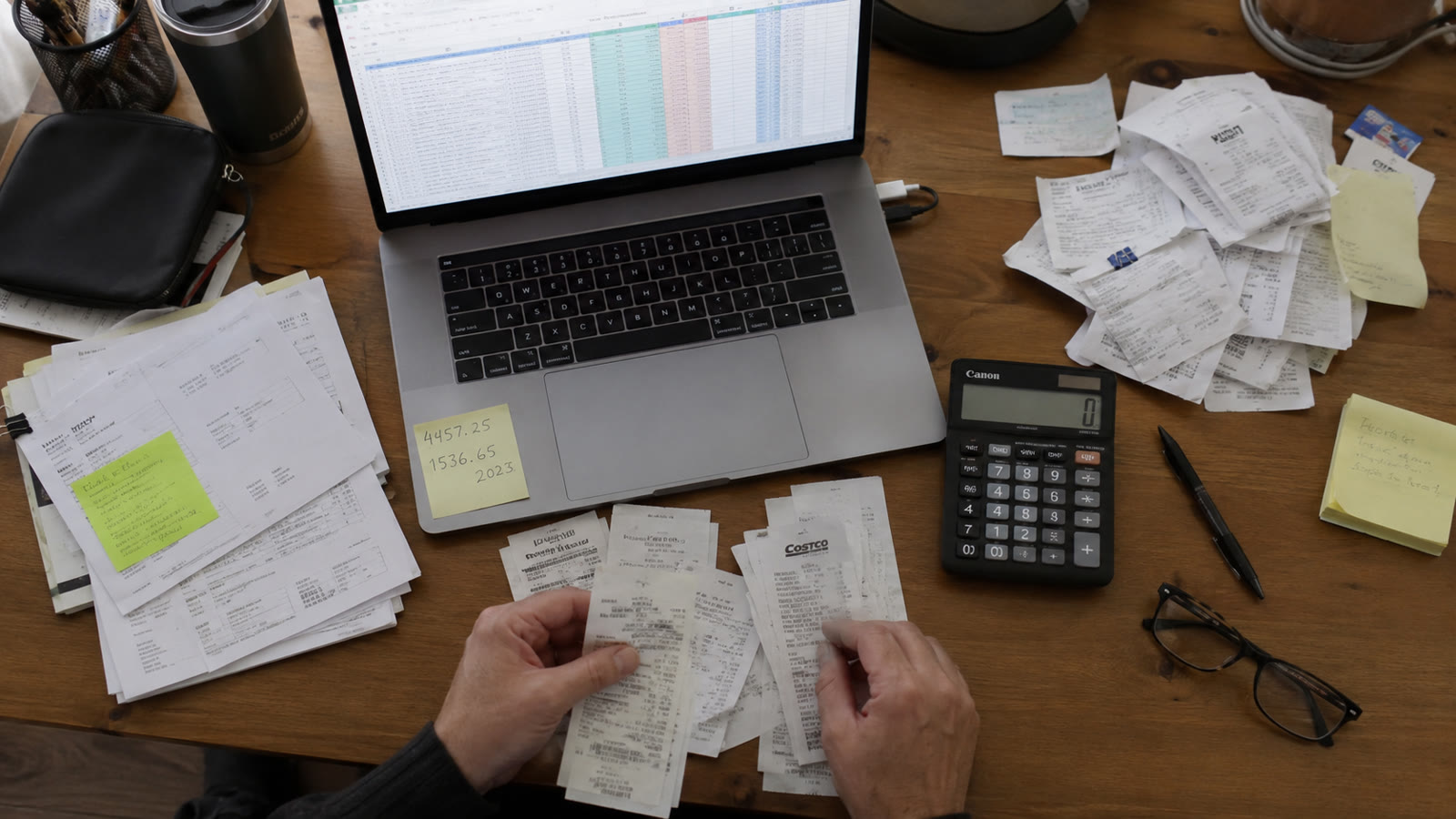 Accountant's desk with a laptop showing bookkeeping software
