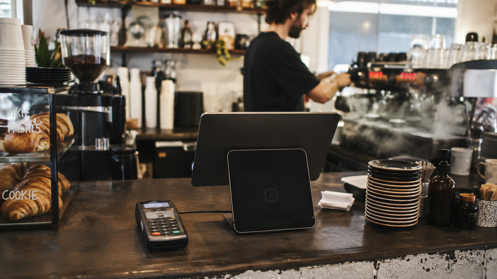 Cafe counter with a point of sale terminal ready for bookkeeping