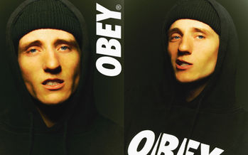 Two portraits of man in black hoodie with OBEY logo, green background.
