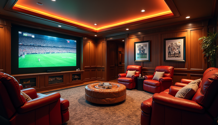 Eye-level view of a spacious basement sports room with a large flat-screen TV and comfortable seating