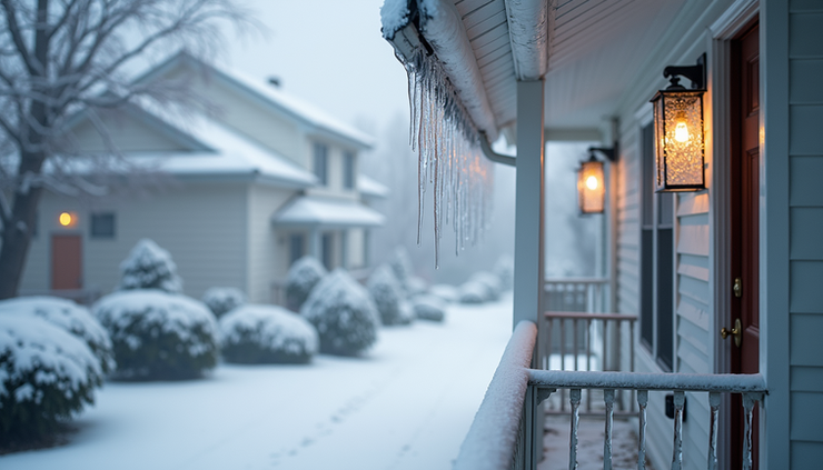 Eye-level view of a snow-covered porch with icicles hanging from the roof