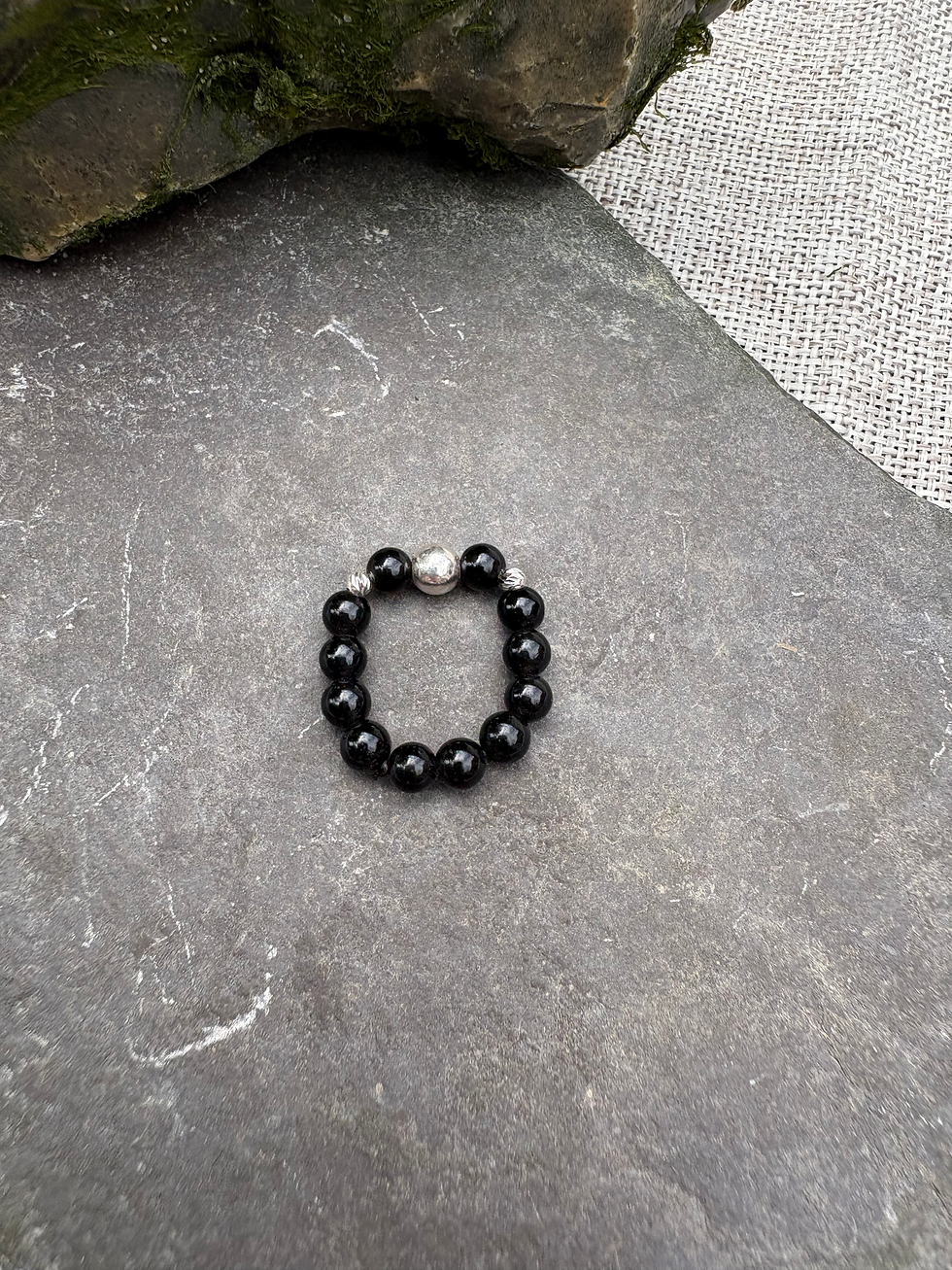 Thumbnail: Shadowlight – Obsidian & Silver Stretch Ring for Clarity & Inner Strength