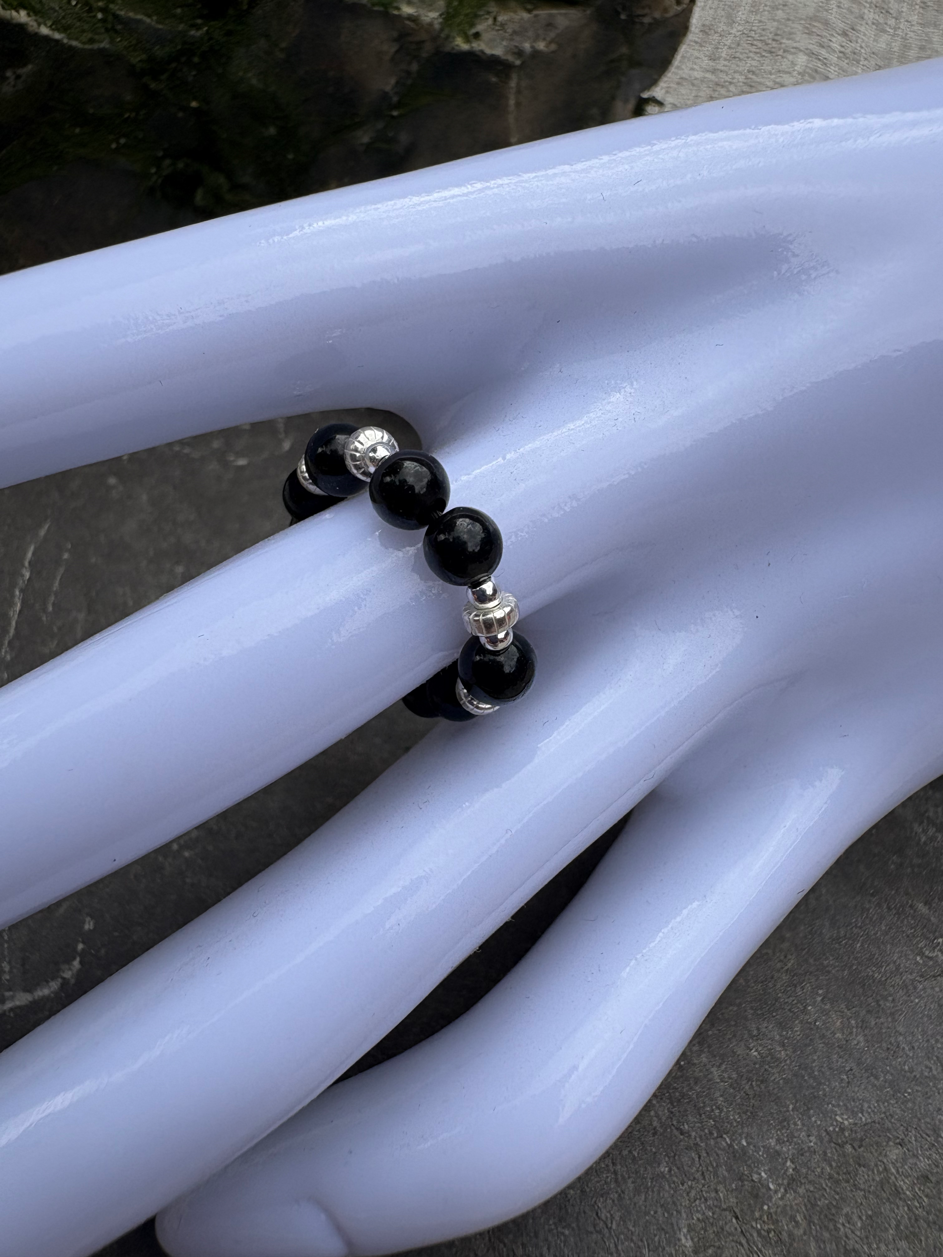 Shadowlight – Obsidian & Silver Stretch Ring for Clarity & Inner Strength