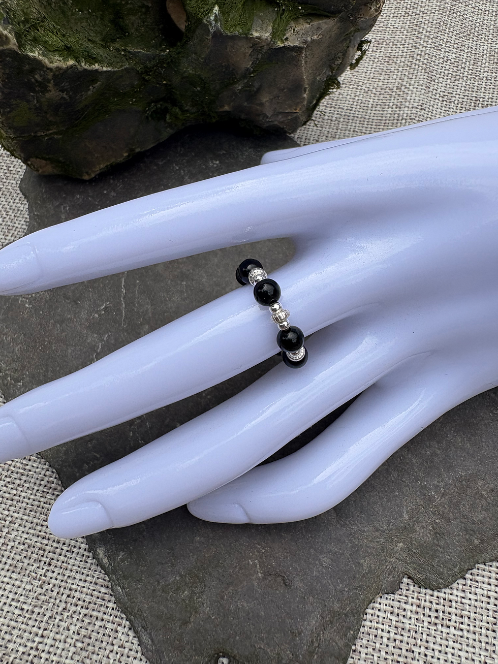 Thumbnail: Shadowlight – Obsidian & Silver Stretch Ring for Clarity & Inner Strength