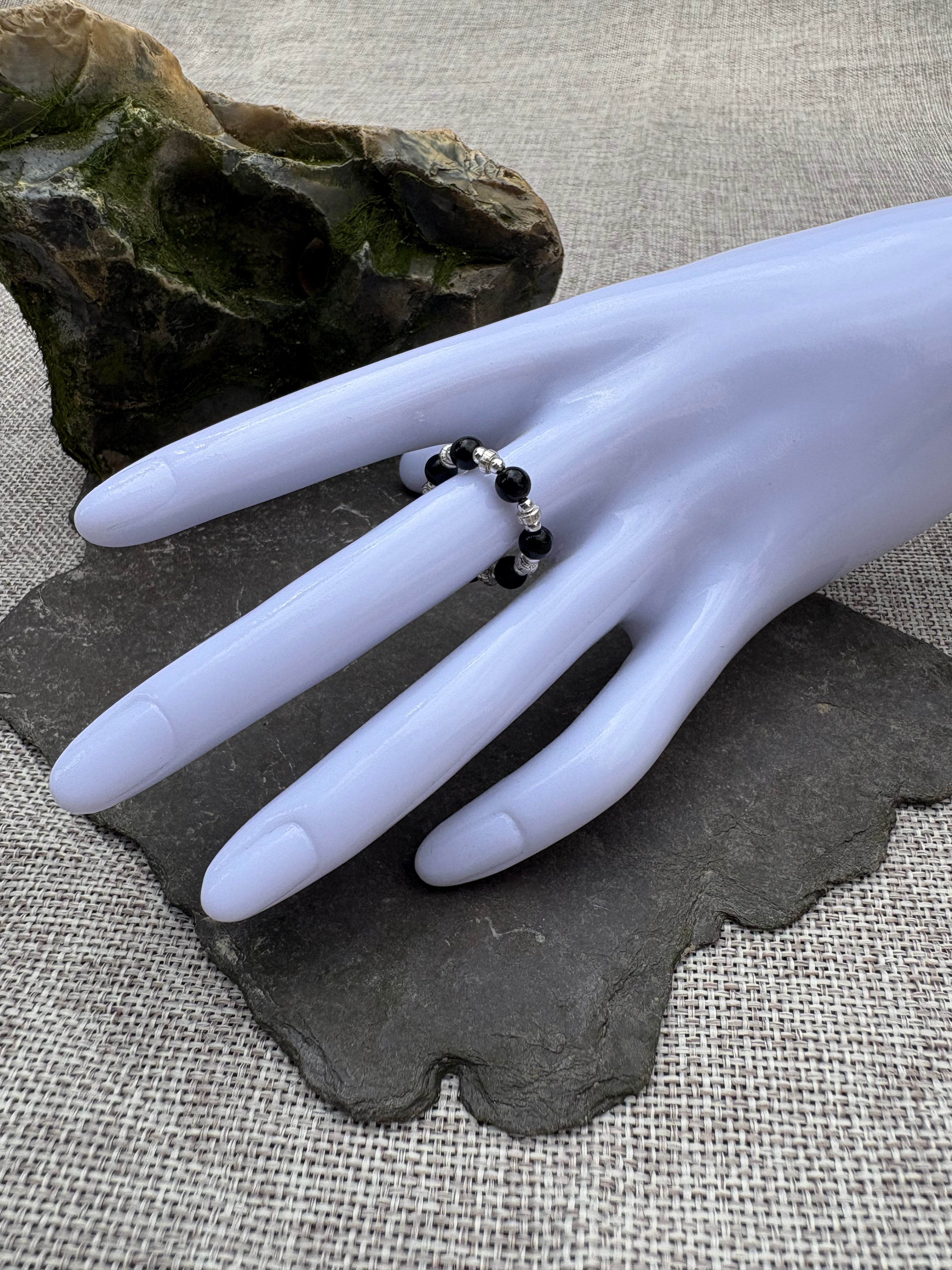 Shadowlight – Obsidian & Silver Stretch Ring for Clarity & Inner Strength