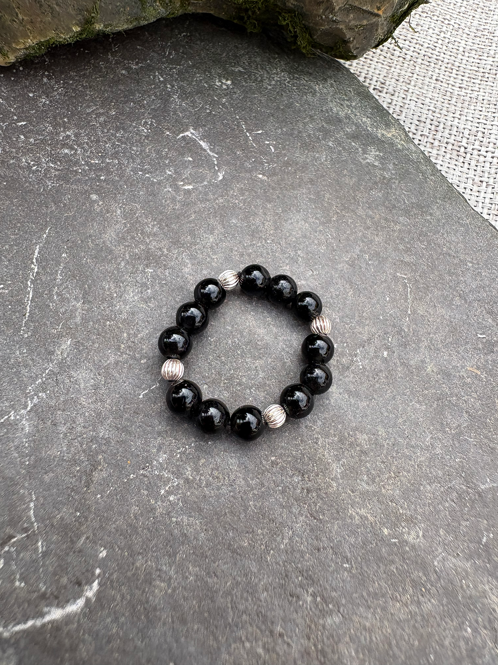 Thumbnail: Shadowlight – Obsidian & Silver Stretch Ring for Clarity & Inner Strength