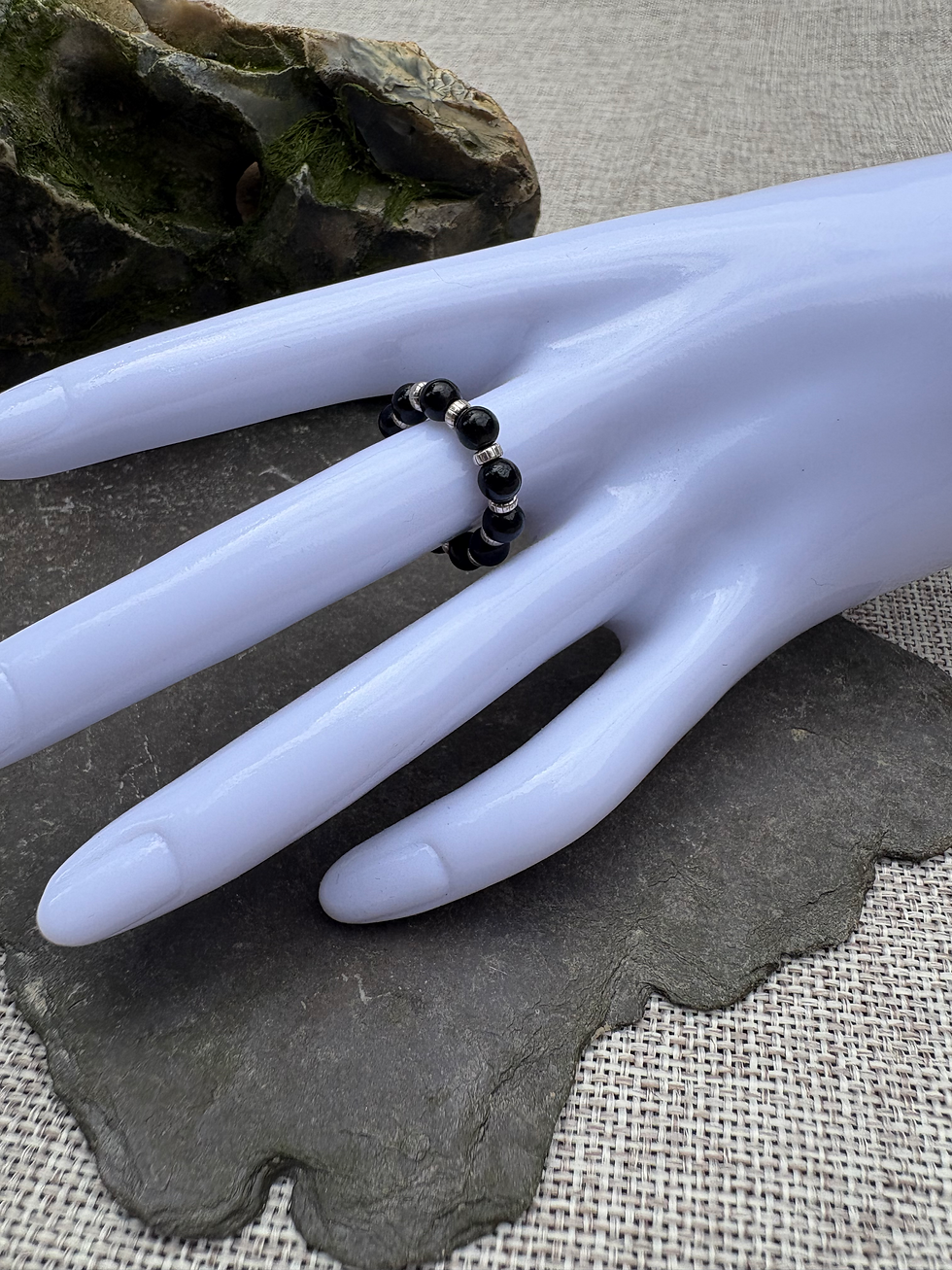 Thumbnail: Shadowlight – Obsidian & Silver Stretch Ring for Clarity & Inner Strength