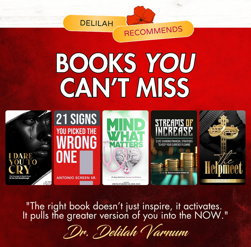 Book covers with titles: I Dare You to Cry, 21 Signs You Picked the Wrong One, Mind What Matters, Streams of Increase, The Helpmeet. Red background.