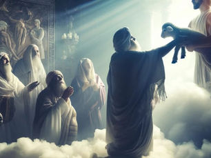 Religieuze scène met mannen in gewaden, gehuld in licht en rook. Een oudere man reikt een lam aan een stralende figuur in een wit gewaad, terwijl anderen eerbiedig toekijken. Symbolische offergave in een spirituele setting.