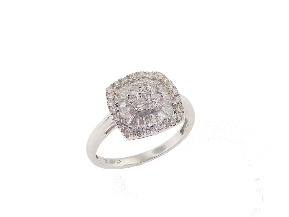 18kt White Baguette & Rounds Cushion Shaped Cluster Engagement Ring