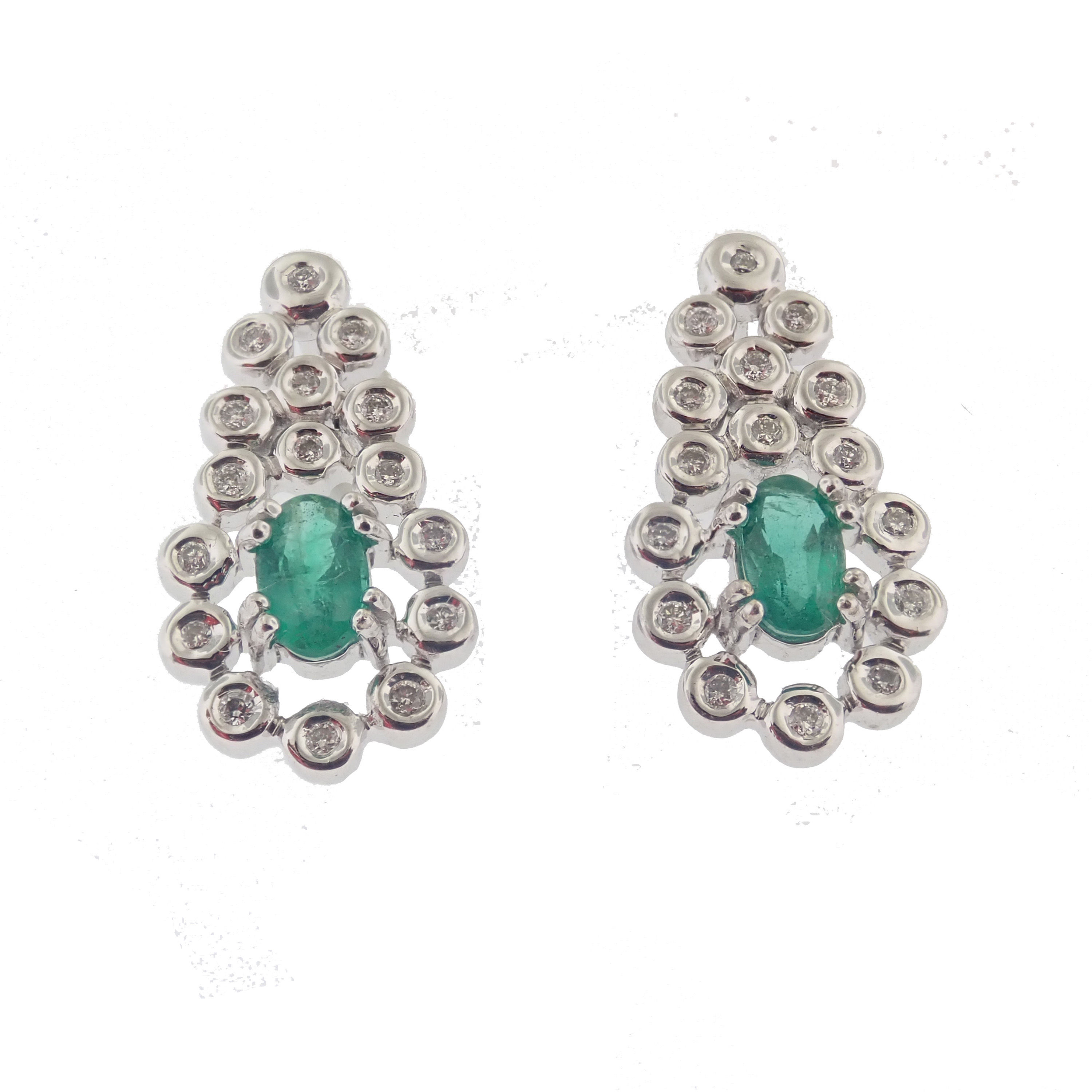 14kt White Oval Emerald & Diamond Earrings