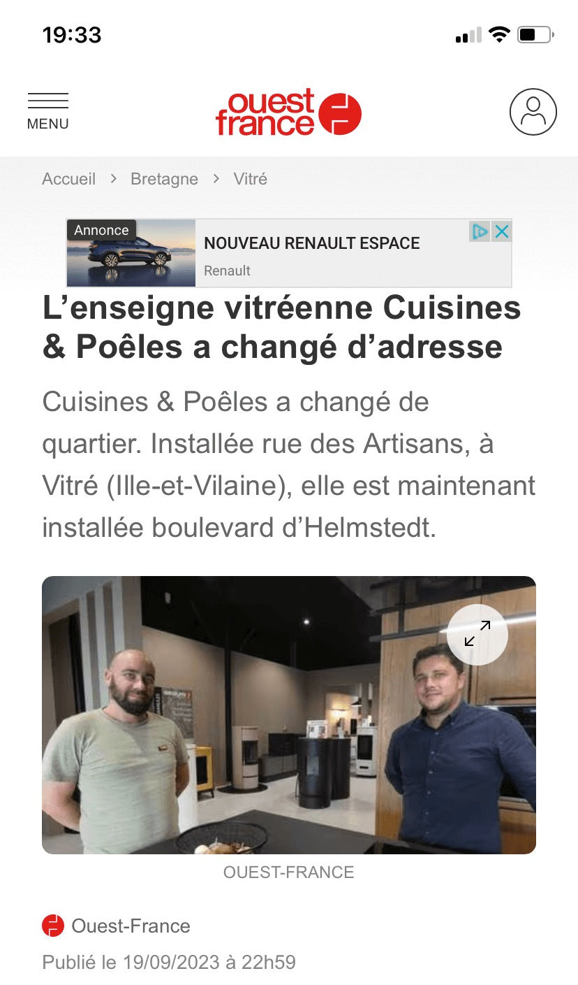 article-ouest-france-cuisines-et-poeles-déménage-vitré-cuisiniste-agencementintérieur-poêles-bois-granulés-pellets-cheminées-châteabourg-laval