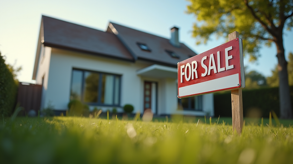 Eye-level view of a modern house with a "For Sale" sign in front
