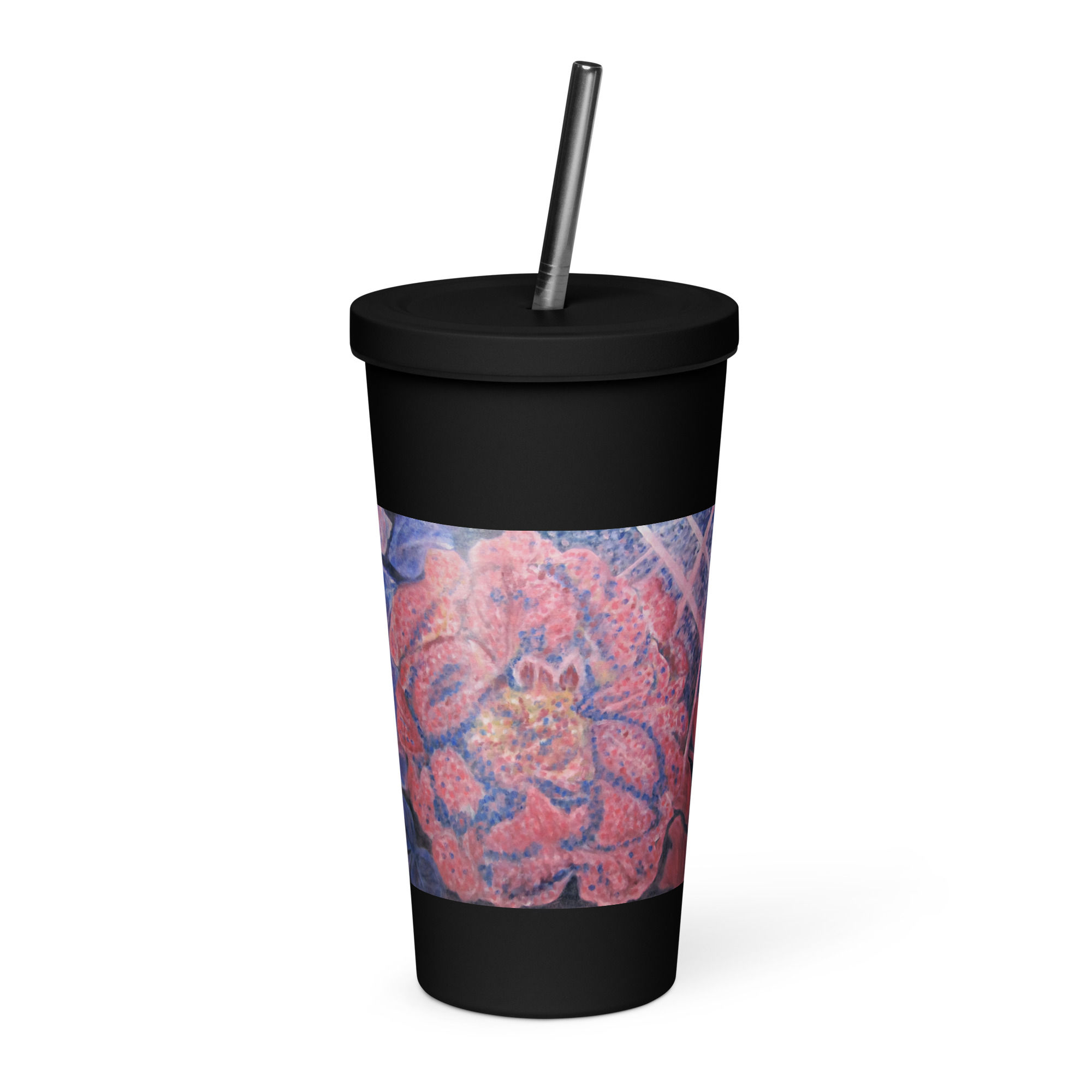 Abstract Rose Patterns Insulated tumbler with a straw