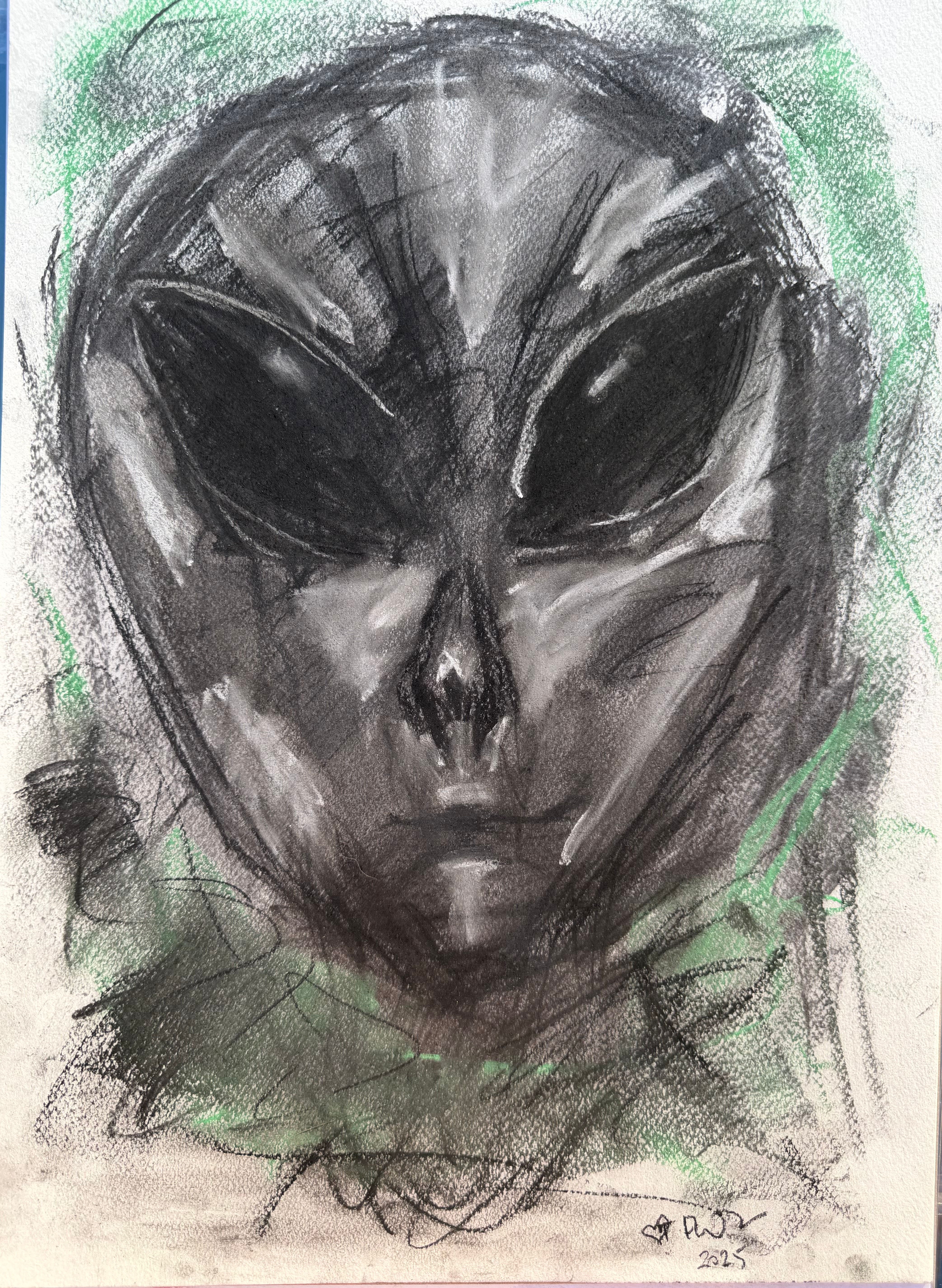 Original Green Alien Charcoal and Pastel Drawing