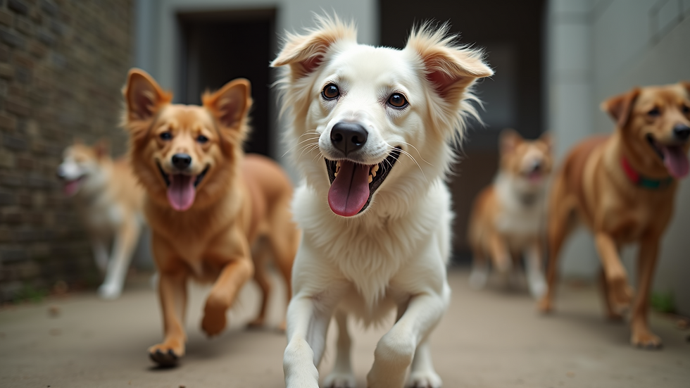 Eye-level view of a dog shelter with happy dogs playing